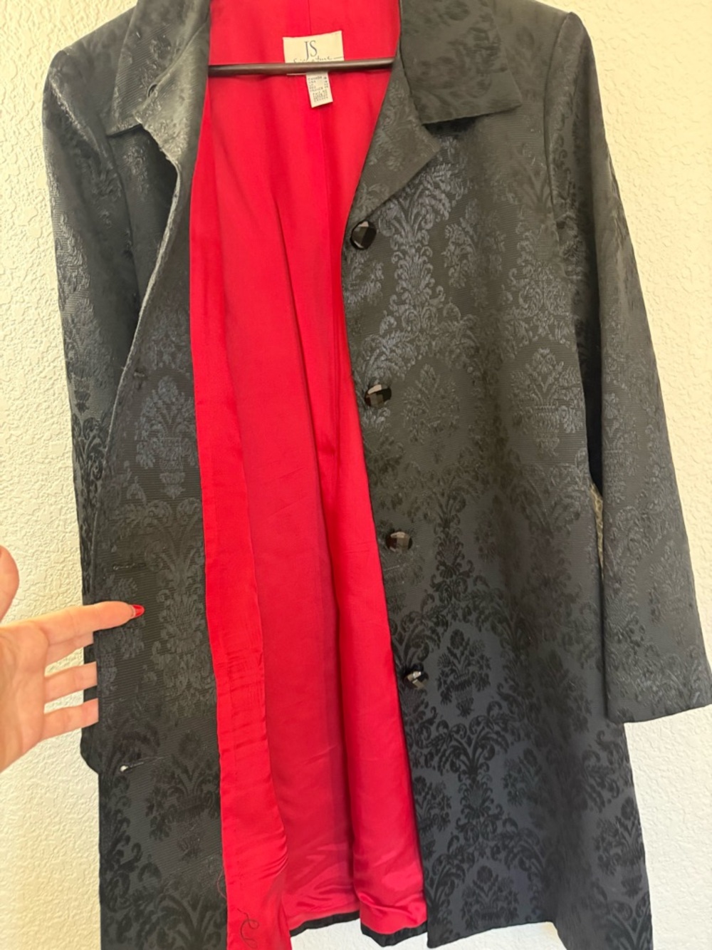 Elegant Black Jacquard Coat | Size 16 | Red‎ Lined Glam Evening Statement Jacket - Picture 10 of 15